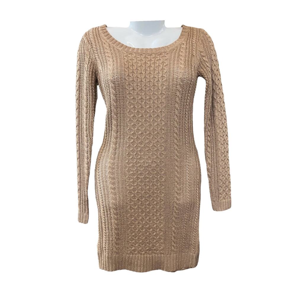 WOW Couture Women's Gold W Metallic Slim Fit Cable Knit Sweater Dress | Size S